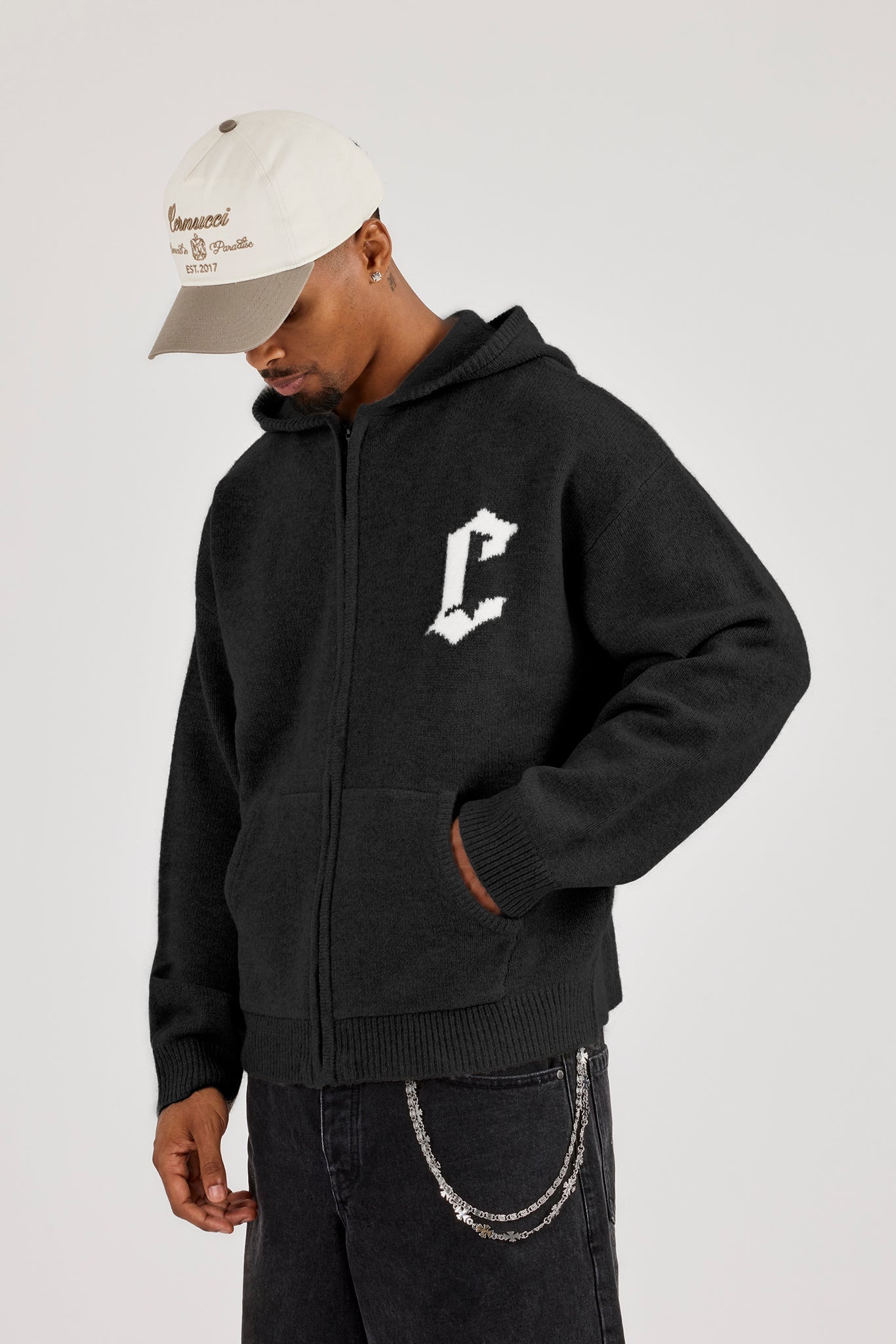 Mens C Knitted Zip Through Hoodie - Black